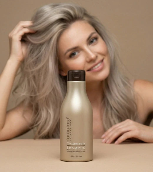 Frau mit grauen Haaren hält eine Flasche Shampoo vor beigem Hintergrund