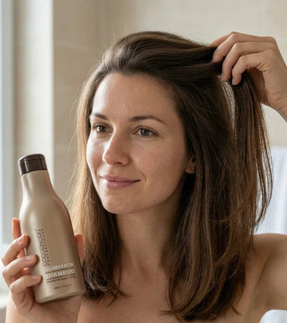 Frau mit langen braunen Haaren hält lächelnd eine Flasche Shampoo Cocochoco in der Hand.