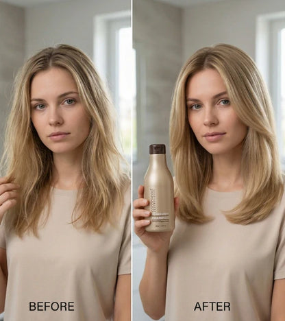 Vorher-Nachher-Vergleich einer Frau mit blonden Haaren, die eine Flasche mit der Aufschrift „AFTER“ in der Hand hält.