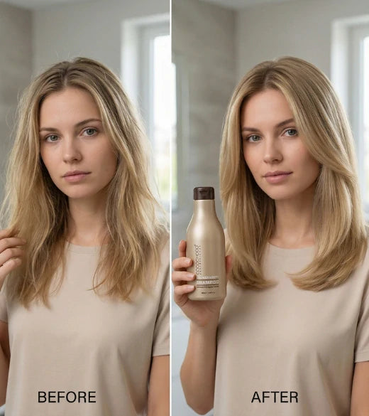 Vorher-Nachher-Vergleich einer Frau mit blonden Haaren, die eine Flasche mit der Aufschrift „AFTER“ in der Hand hält.
